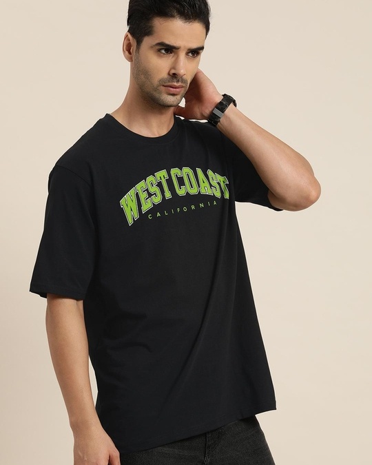Men's Black Typography Oversized T-Shirt with Chest Pocket