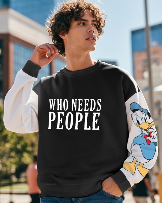 Buy Men s Black Who Needs People Graphic Printed Oversized Sweatshirt Online at Bewakoof