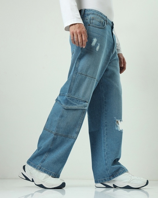 Buy Men's Blue Baggy Straight Fit Distressed Cargo Jeans Online at Bewakoof