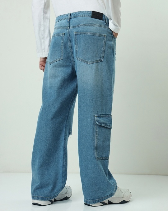 Buy Men's Blue Baggy Straight Fit Distressed Cargo Jeans Online at Bewakoof