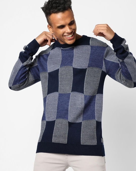 Buy Men s Blue Checked Sweater Online at Bewakoof