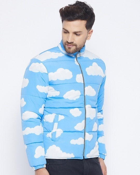 Shop Men's Blue Cloud Print Slim Fit Quilted Jacket-Back