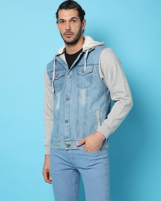 Buy Men's Blue Color Block Denim Hoodie Jacket for Men Blue Online at ...
