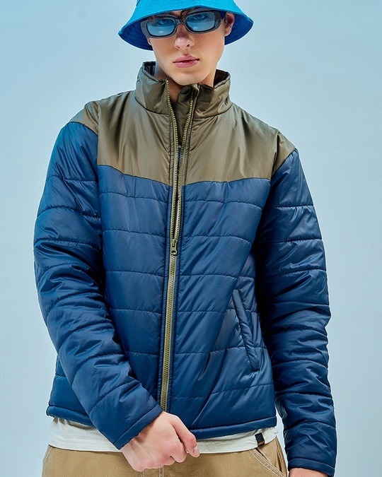 Buy Men s Blue Green Color Block Oversized Puffer Jacket Online at Bewakoof