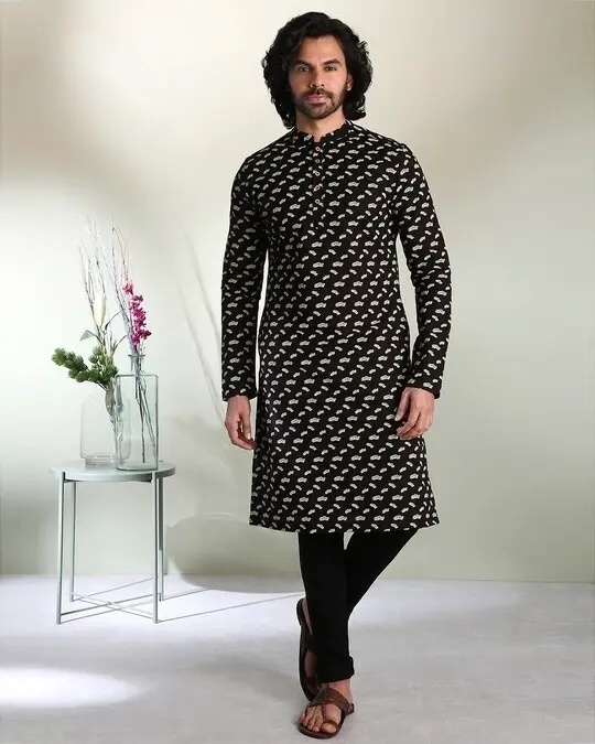 Shop Men's Chill All Over Printed Black Long Kurta-Front