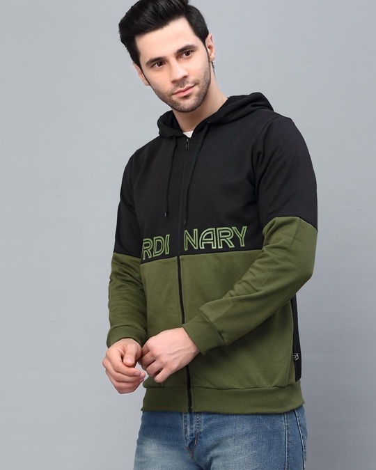 Buy Men's Green and Black Color Block Slim Fit Hooded Jacket Online at