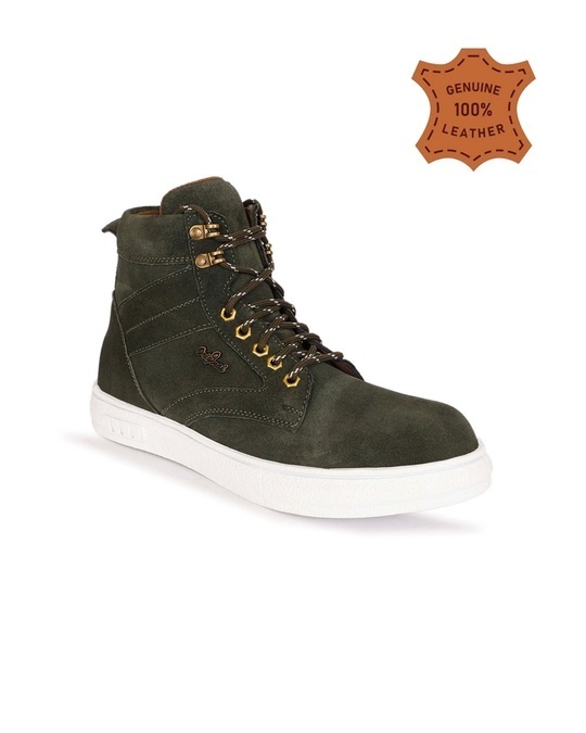 Buy Men's Green and Brown Leather Flat Boots Online in India at Bewakoof