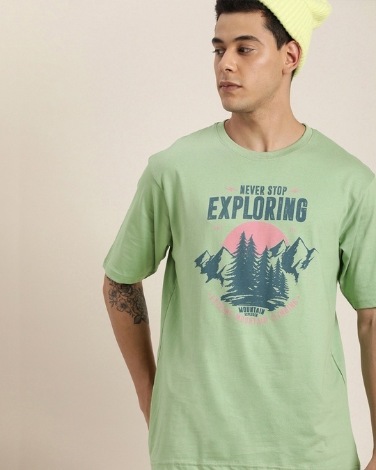 Shop Men's Green Exploring Graphic Printed Oversized T-shirt-Back