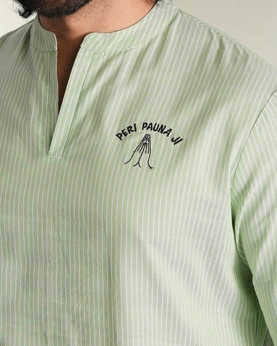 Shop Men's Green Stripe Peri Pauna Embroiderred  Kurta-Full