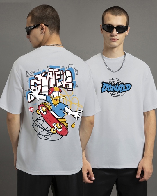 Buy Men's Grey Skater Donald Graphic Printed Oversized Tshirt Online