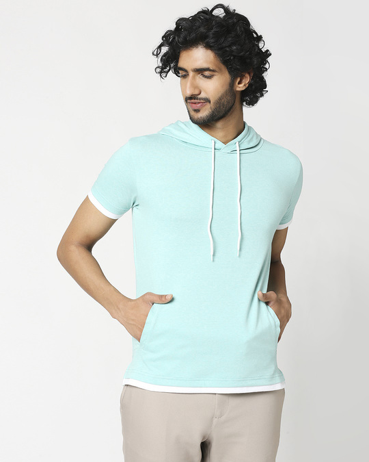 Shop Men's Half Sleeve Melange Hoodie T-Shirt-Front