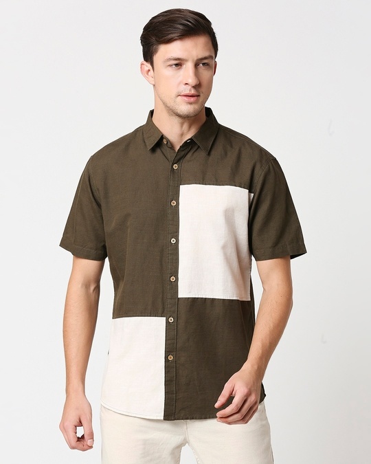 Shop Men's Linen Color Block Pocket Half Sleeves Shirt-Back