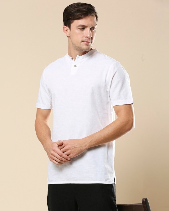 Shop Men's Linen Henley Neck Casual T-shirt-Front