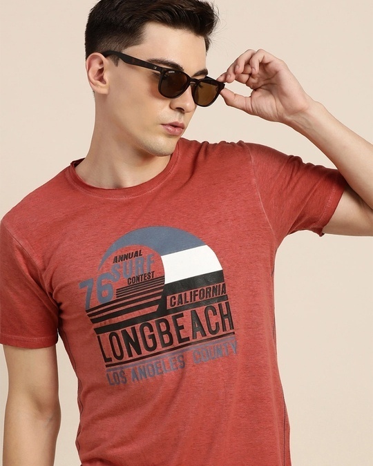 Shop Men's Orange Long Beach Typography T-shirt-Full