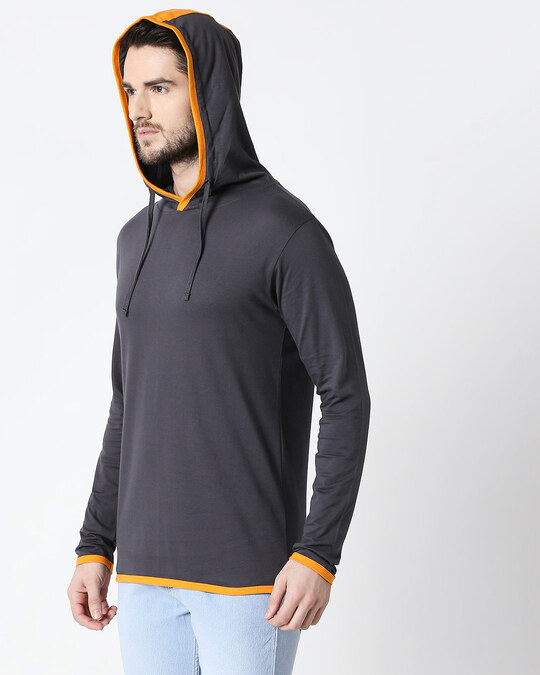 Shop Men's Plain Back Panel Full Sleeve Hoodie T-shirt(Nimbus Grey-Neon Orange)-Design