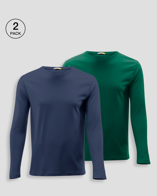 Shop Men's Plain Full Sleeve T-shirt Pack of 2(Green & Blue )-Front