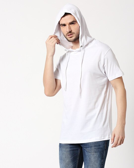 Men S Plain Half Sleeve Hoodie T Shirt White