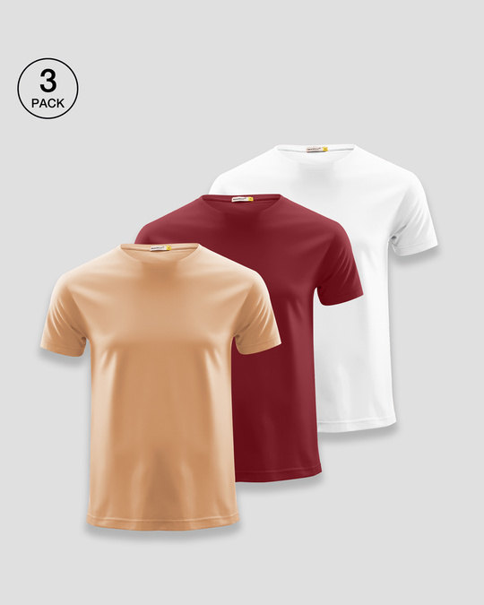 Shop Men's Plain Half Sleeve T-shirt Pack of 3 (Brown, Scarlet Red, White)-Front