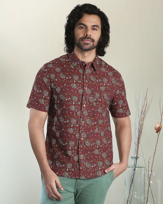 Shop Men's Printed Ethnic Half Sleeves Maroon Shirt-Front