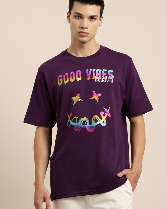Buy Men's Purple Good Vibes Only Graphic Printed Oversized T-shirt ...
