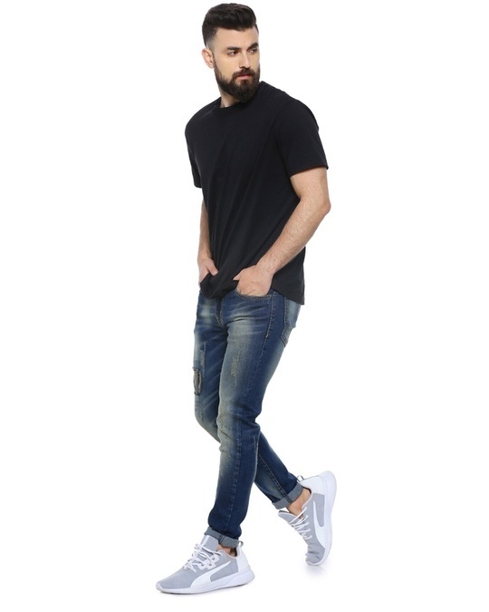 Shop Men's Slim Fit Solid Front Patch Stretch Stylish New Trends Blue Denim Jeans-Full