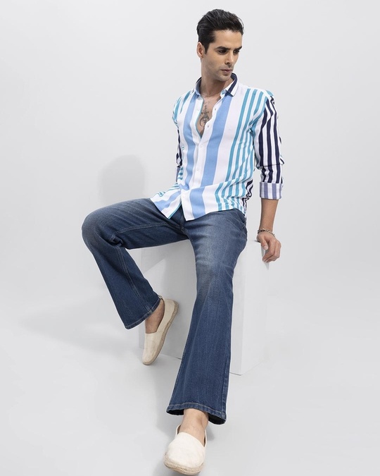 Buy Men s White Blue Striped Slim Fit Shirt For Men Blue Online At 
