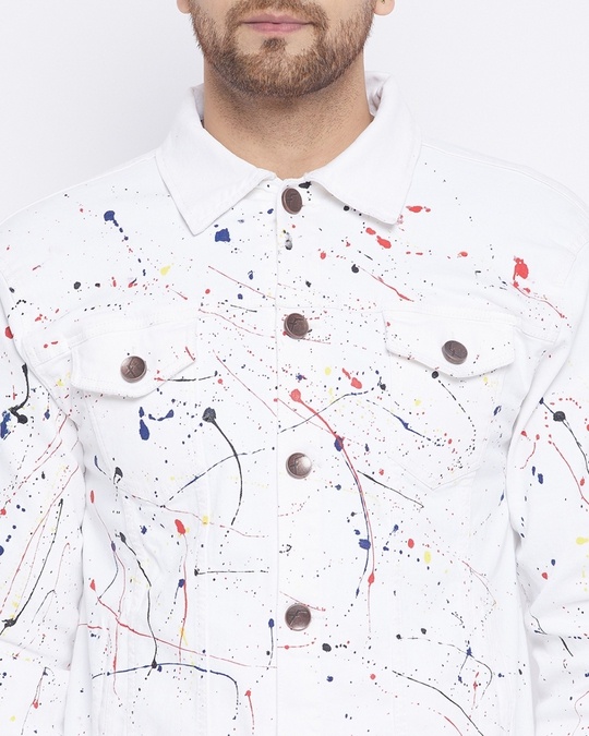 Buy Men's White Cotton Ecru Paint Splatter Slim Fit Denim Jacket for