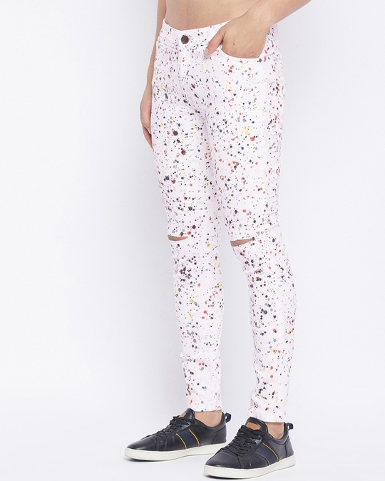Buy Men's White Denim Paint Skinny Fit Splatter Ripped Jeans for Men