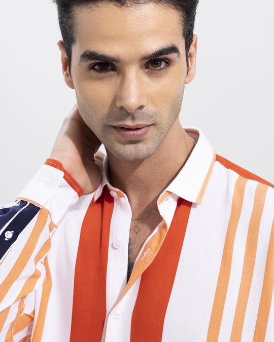 Buy Men's White & Orange Striped Slim Fit Shirt for Men White Online at ...