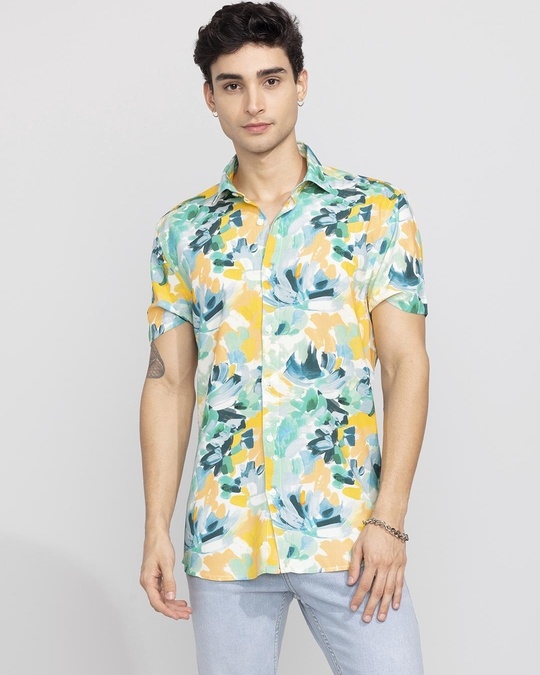 Buy Men's Yellow & Green All Over Floral Printed Slim Fit Shirt Online ...