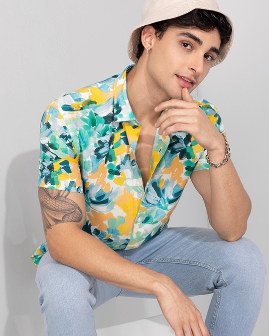 Buy Men's Yellow & Green All Over Floral Printed Slim Fit Shirt Online ...