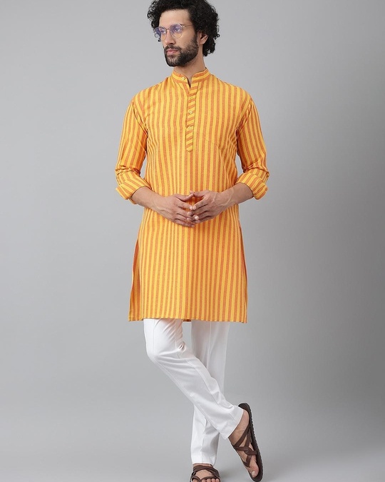Buy Men's Yellow Striped Kurta with White Pyjama Set Online in India at ...