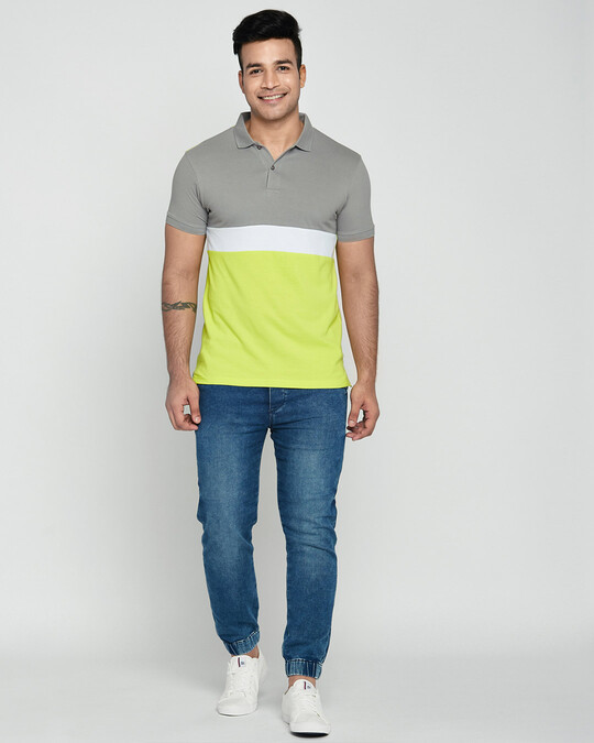 Shop Meteor Grey-White-Neon Lime Triple Block Polo T-Shirt-Full
