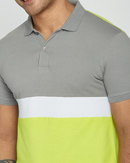 Shop Meteor Grey-White-Neon Lime Triple Block Polo T-Shirt