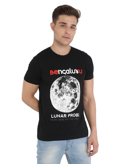 Shop Unisex Black Bengaluru Lunar Probe Print Cotton T-shirt-Front