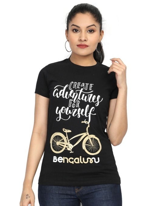 Shop Women's Black Bengaluru Cycle-Create Adventures Print Cotton T-shirt-Front