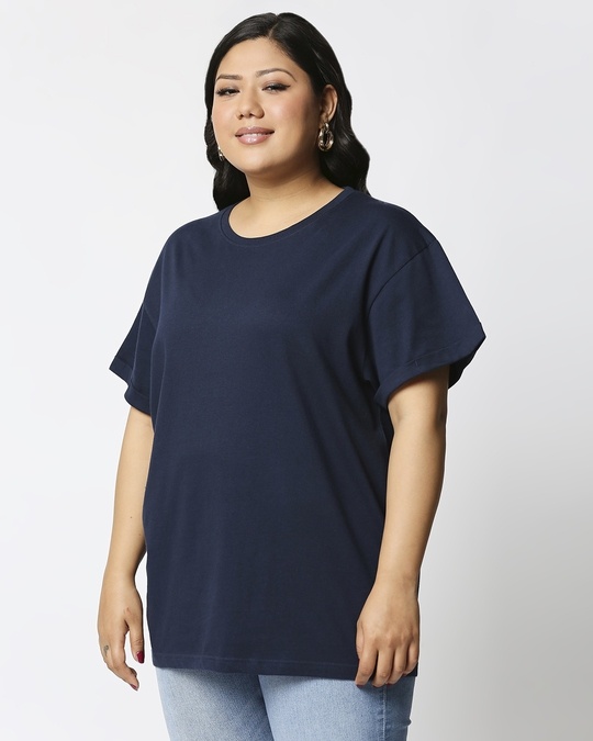 Shop Navy Blue Boyfriend Plus Size T-Shirt-Back