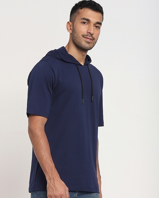 Shop Men's Navy Blue Half Sleeve Hoodie T-shirt-Back