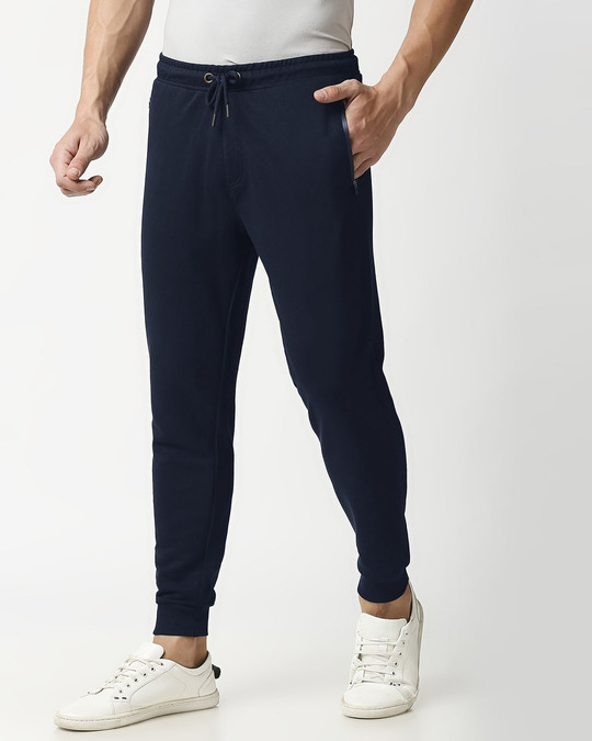 Navy Blue Men's Casual Jogger Pants With Zipper NR Plain