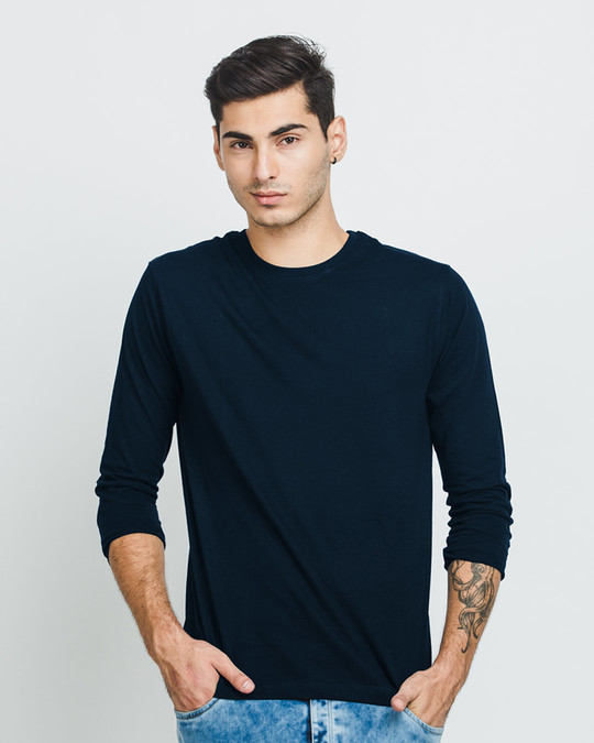 Download Navy Blue Plain Long/Full Sleeve T-Shirts for Men Online ...