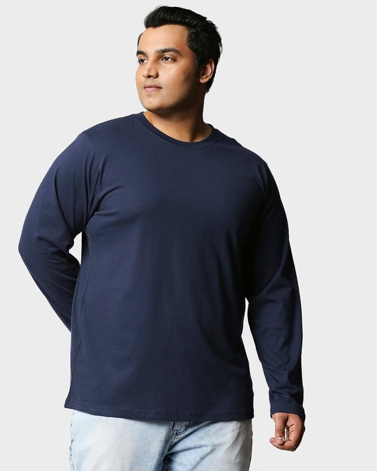 Shop Navy Blue Plus Size Full Sleeve T-Shirt-Front