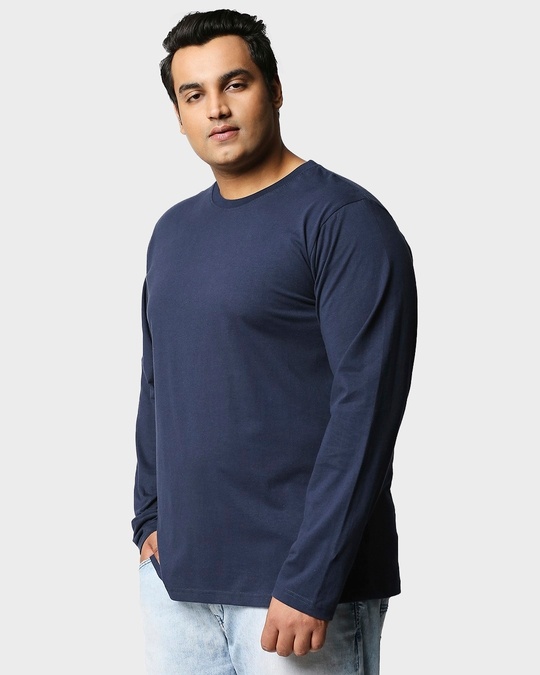 Shop Navy Blue Plus Size Full Sleeve T-Shirt-Back