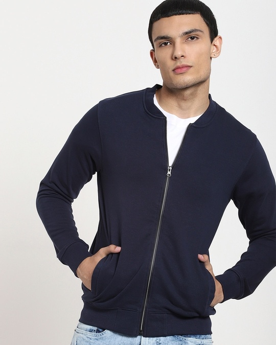 Shop Navy Blue Plus Size Zipper Sweatshirts-Front