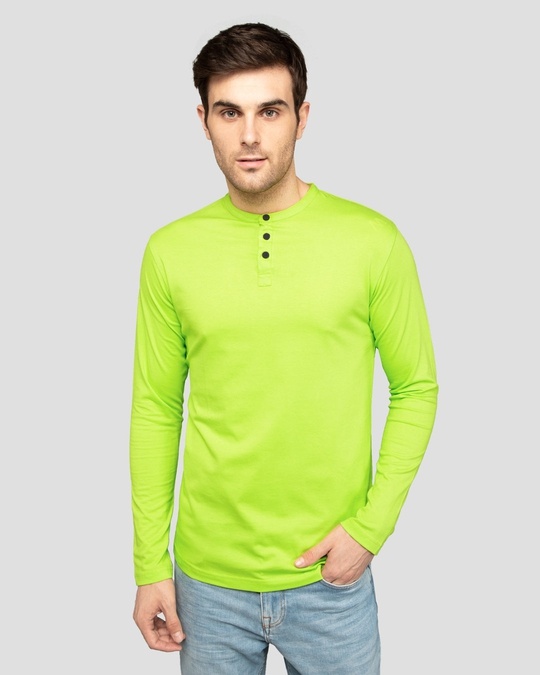 Shop Neon Green Full Sleeve Henley T-Shirt-Front