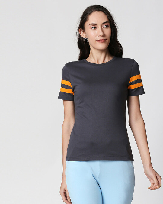 Shop Nimbus Grey-Neon Orange Double Tape Half Sleeves T-Shirt-Front