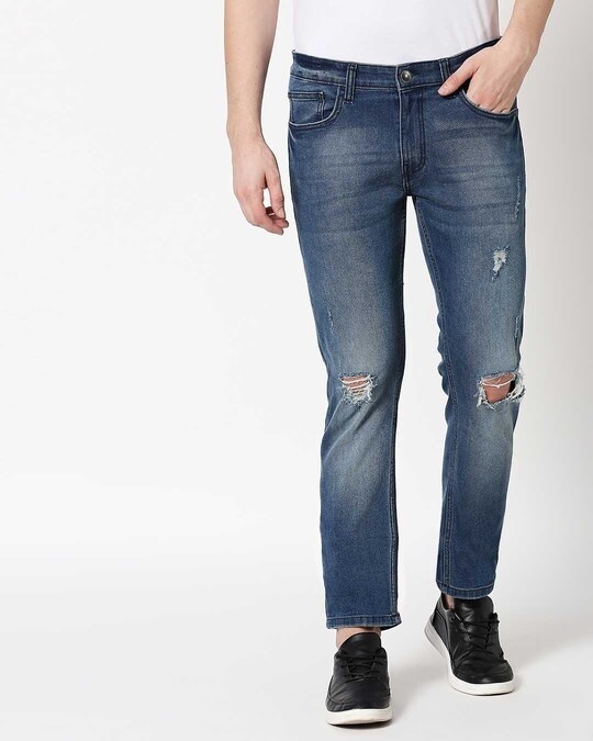 Shop Ocean Blue Distressed Mid Rise Stretchable Men's Jeans-Back