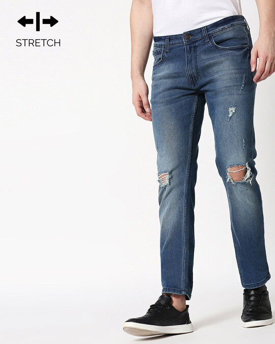 Buy Ocean Blue Distressed Mid Rise Stretchable Men's Jeans Online at ...