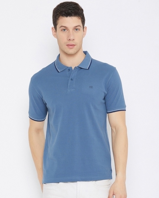 Buy Okane Men's Blue Polyester Polo Collar T-shirt Online at Bewakoof