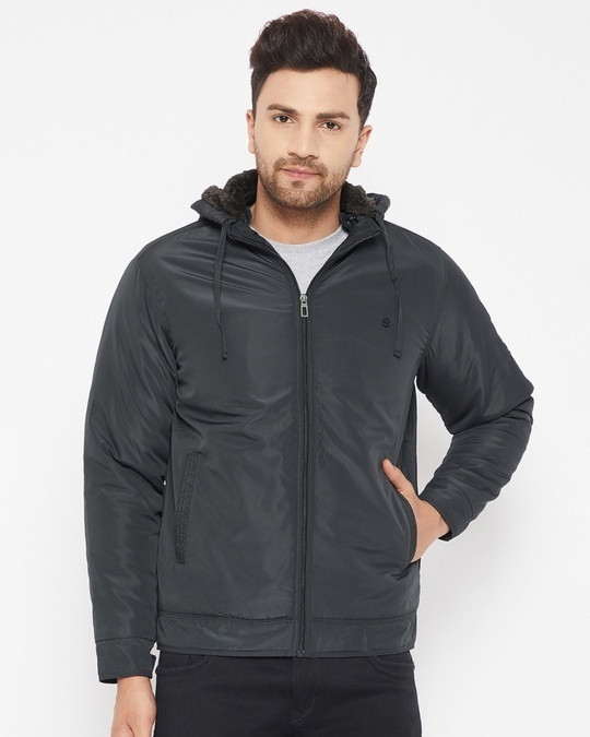 Shop Men's Grey Nylon Padded Jacket-Front