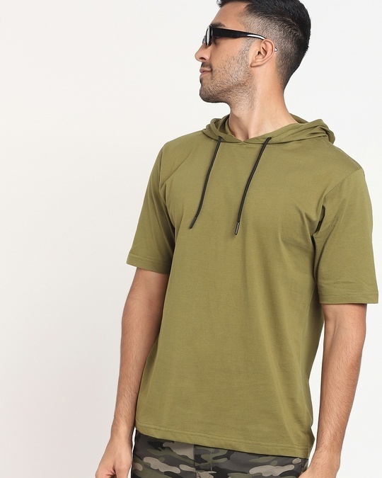 Shop Men's Olive Branch Half Sleeve Hoodie T-shirt-Front